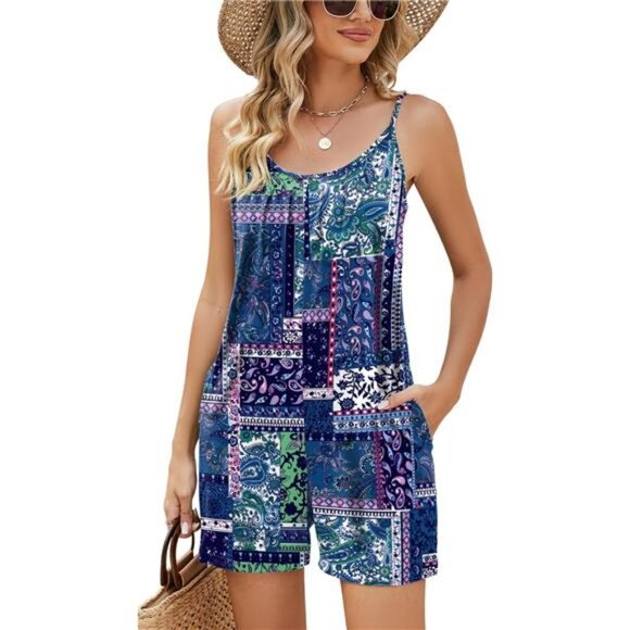 Womens Casual Summer Sleeveless Shorts Jumpsuits Blue Square - Picture 1 of 5